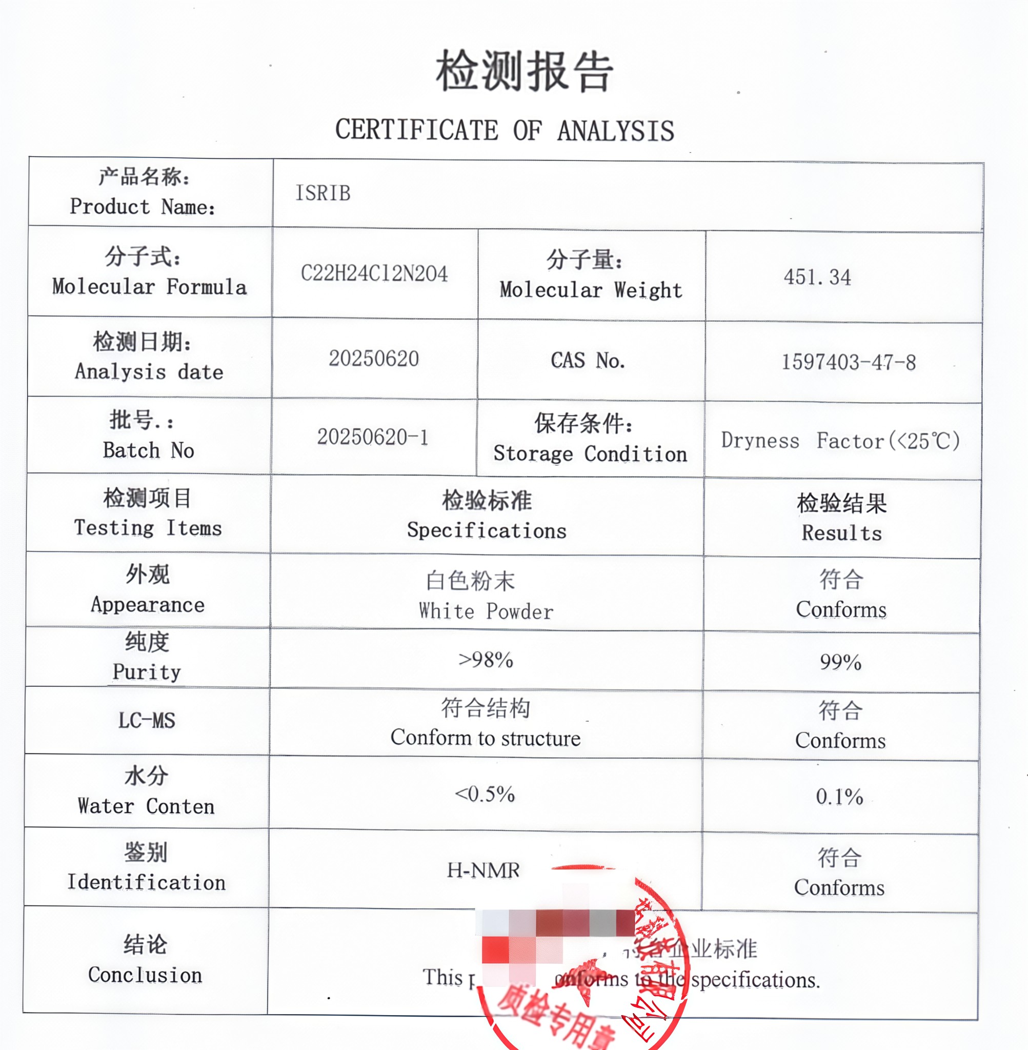 ISRIB 1 Gram Raw Powder Certificate of Analysis 99% Purity