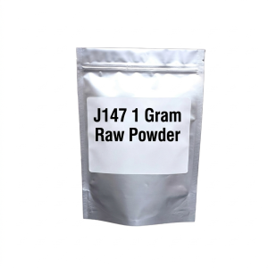 Mylar bag containing 1 gram of J147 raw powder, labeled for laboratory research use only.
