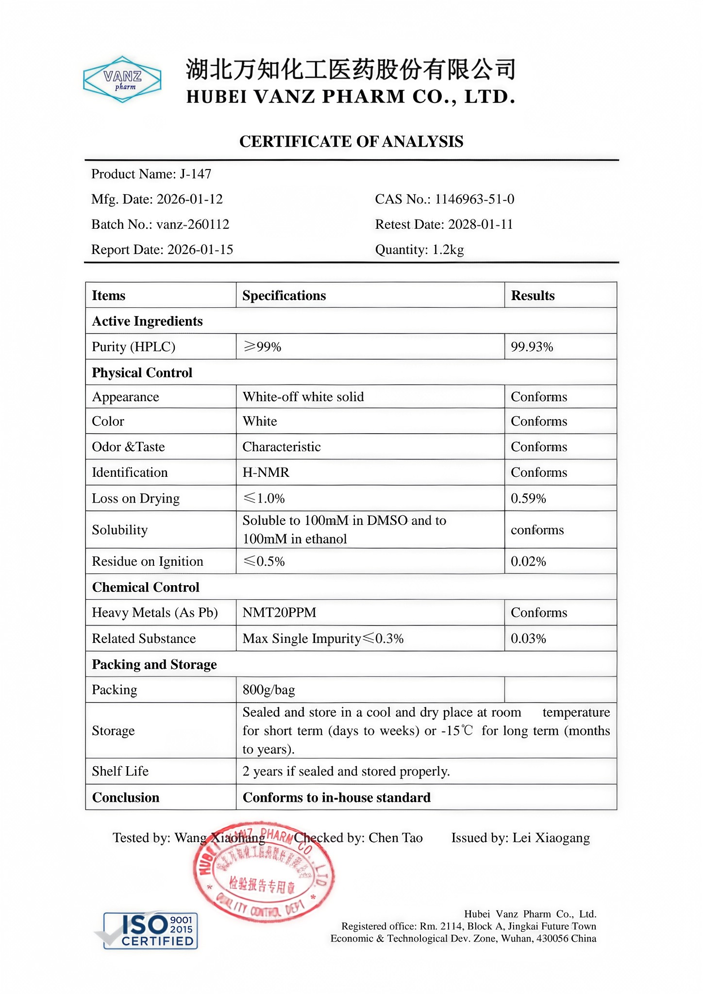 Official Certificate of Analysis for J147 1 Gram Raw Powder showing 99% purity for research purposes.