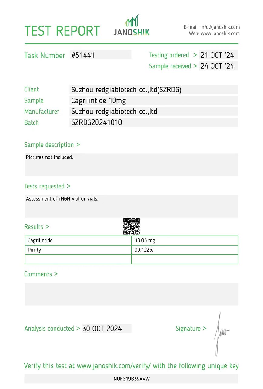 Certificate of Analysis (COA) for Cagrilintide batch, verifying purity and chemical potency from the manufacturer.