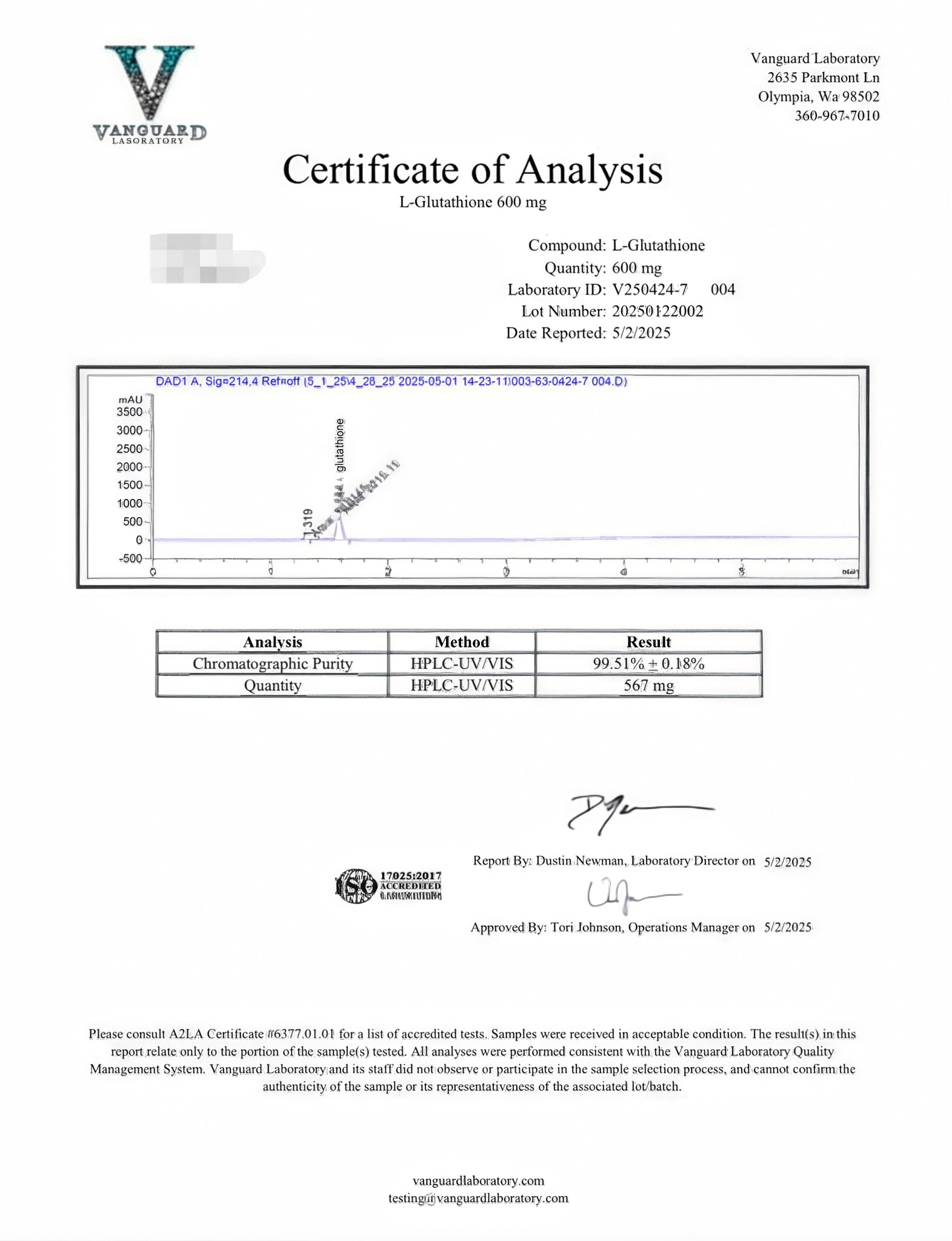 Certificate of Analysis for Glutathione Peptide Vials Original Batch