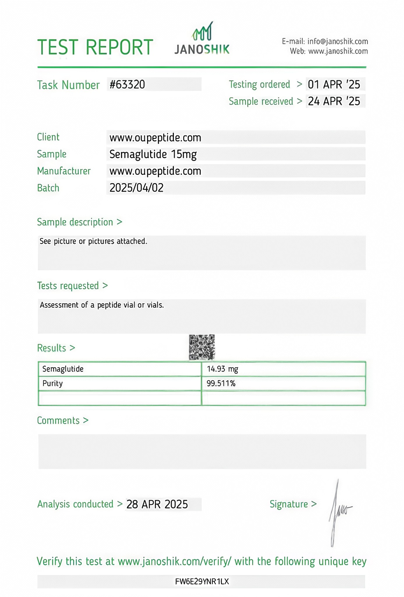 Laboratory Certificate of Analysis for Semaglutide showing 99% purity and manufacturer verification.
