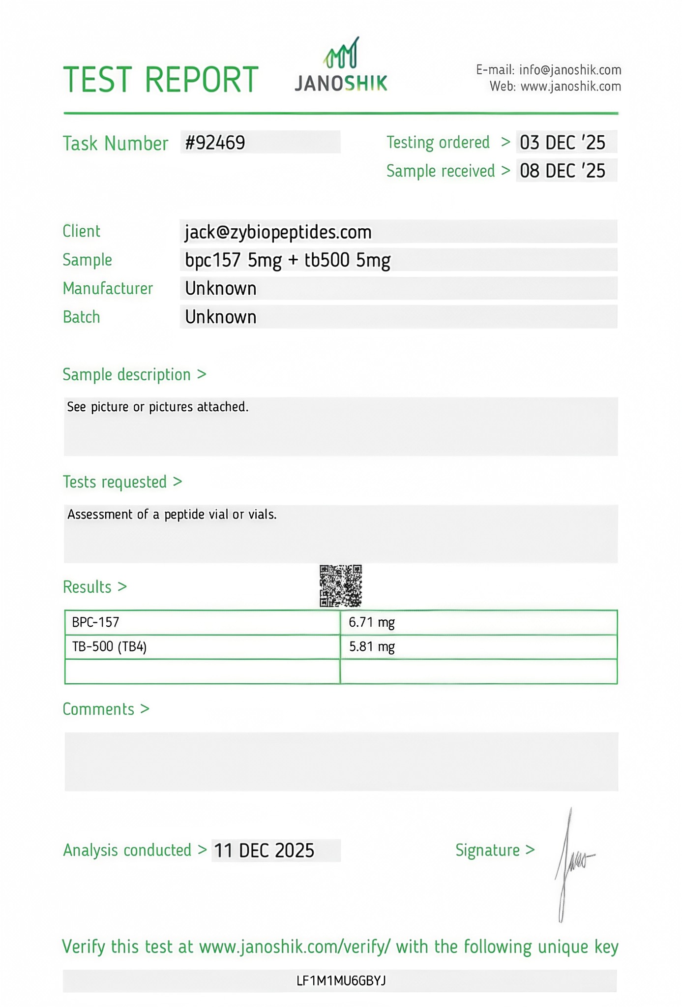Certificate of Analysis showing purity and quality of BPC-157 and TB-500 peptide stack