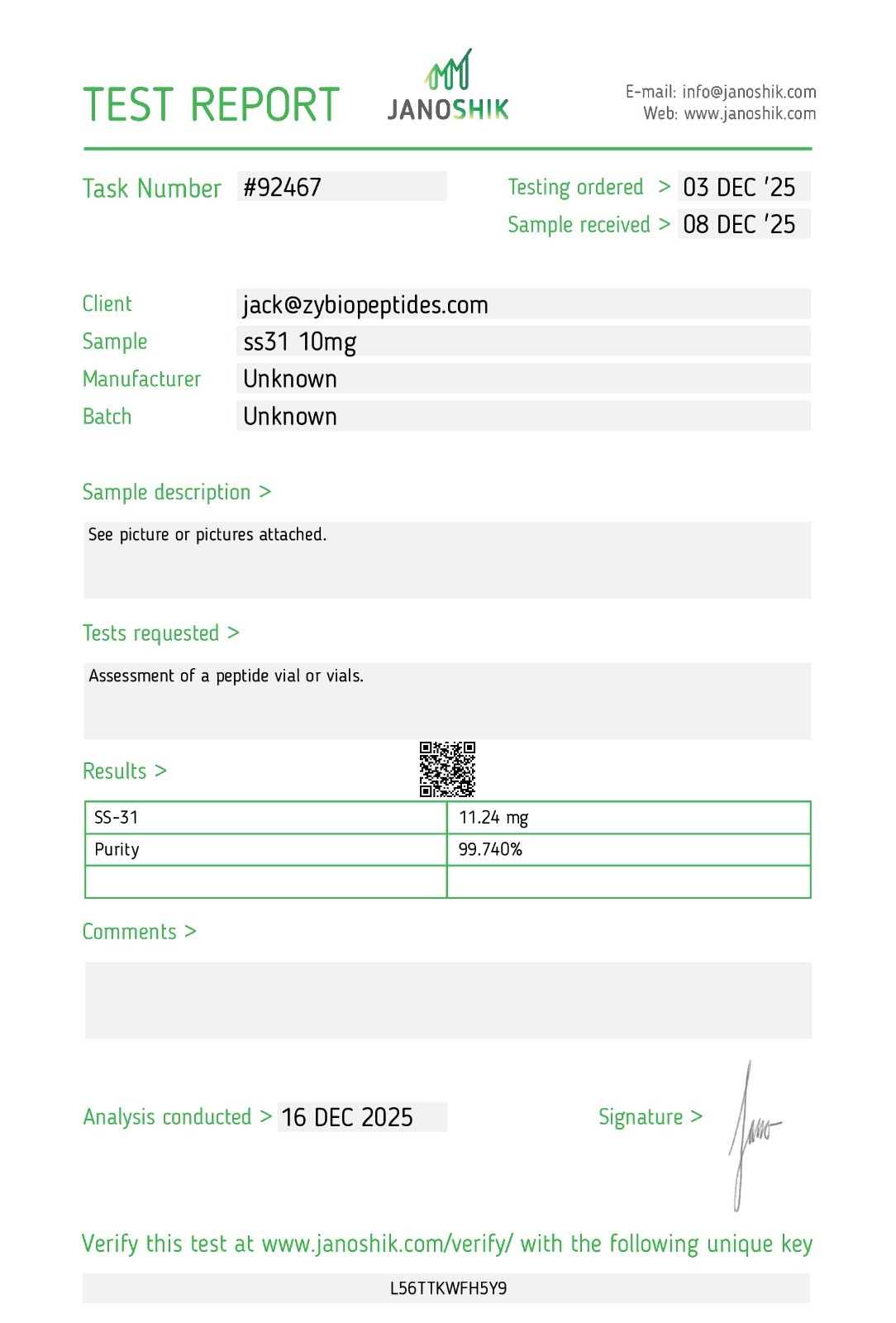 Certificate of Analysis for SS-31 peptide showing purity and batch testing results