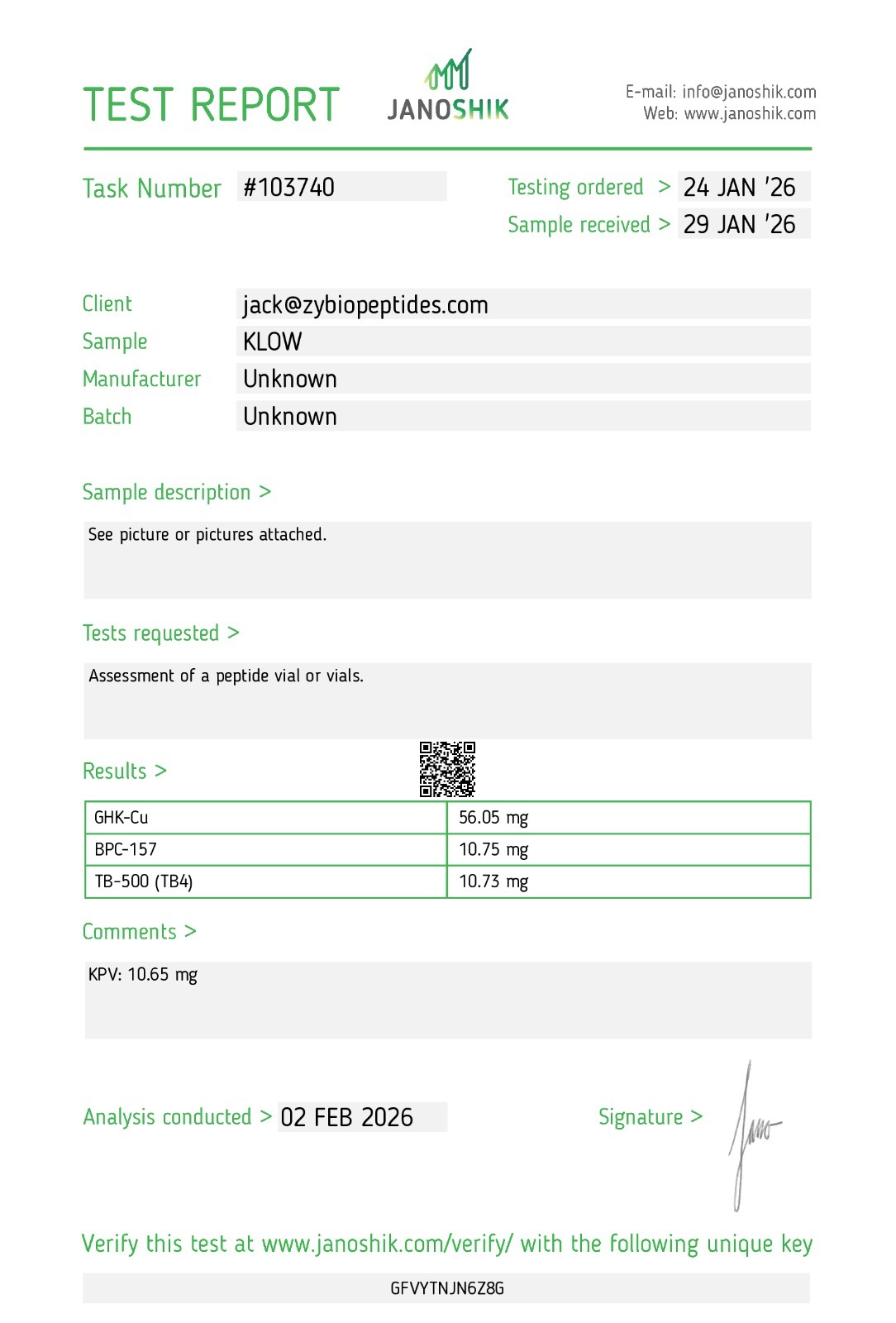 Official Certificate of Analysis for KLOW 80mg peptide blend showing purity for TB-500 BPC-157 GHK-Cu and KPV.
