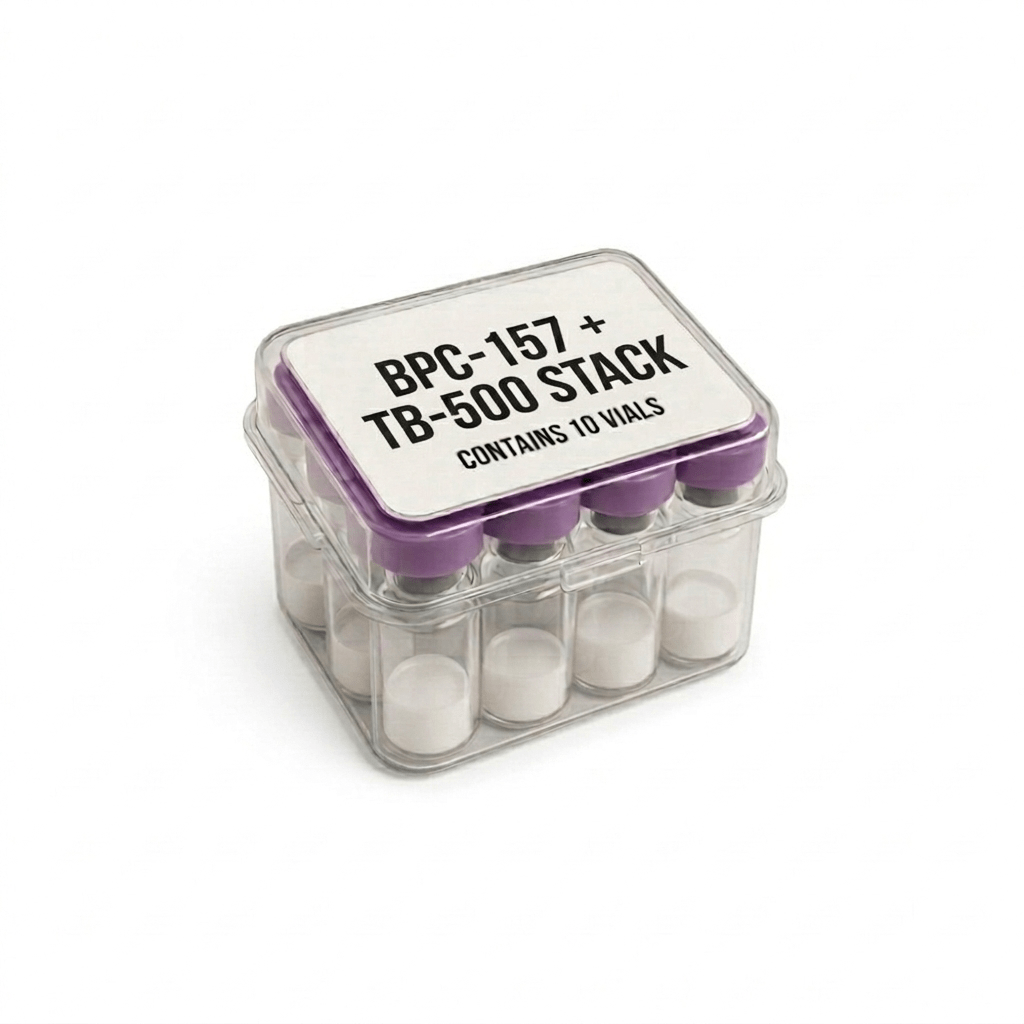 BPC-157 and TB-500 peptide stack vials for research tissue repair and recovery
