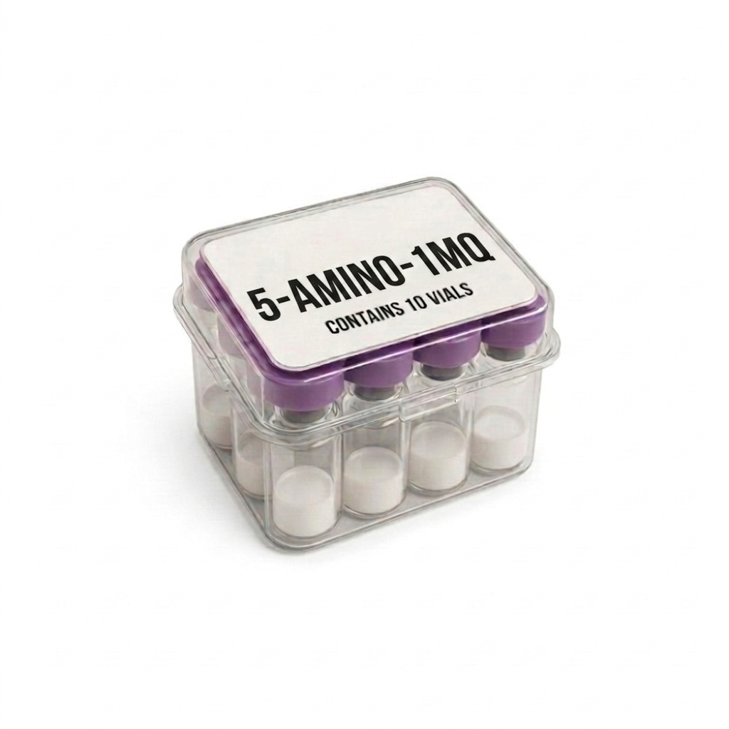 10 Vials of 5-Amino-1MQ (5mg, 10mg, or 50mg). A professional product shot featuring 10 clear glass vials with secure blue flip-off caps, neatly organized in a protective clear plastic grid insert.