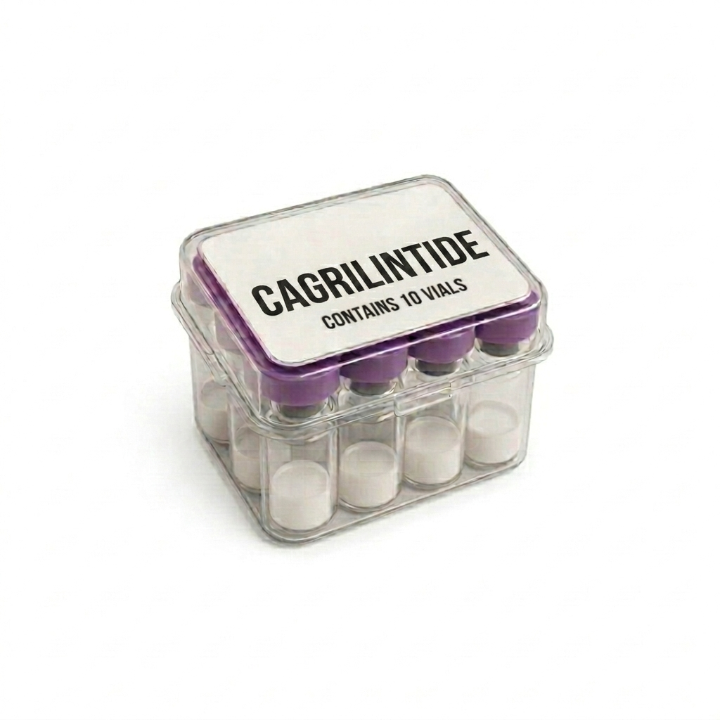 10 vials of Cagrilintide peptide powder for research, 5mg and 10mg options, showing secure packaging and professional labeling.